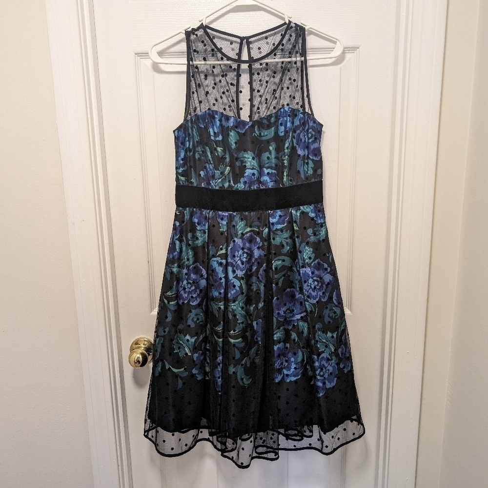 Modcloth | Eliza J | Rose Print with Black Polka Dot Mesh Dress | size 2